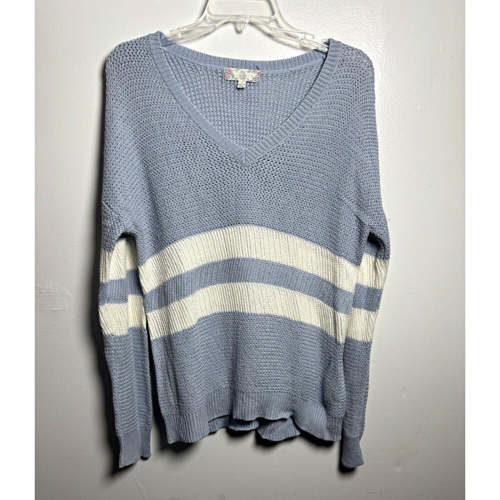 Pink Rose Women’s L Blue/White Striped V-Neck Lg Sleeve Knit Pullover Sweater